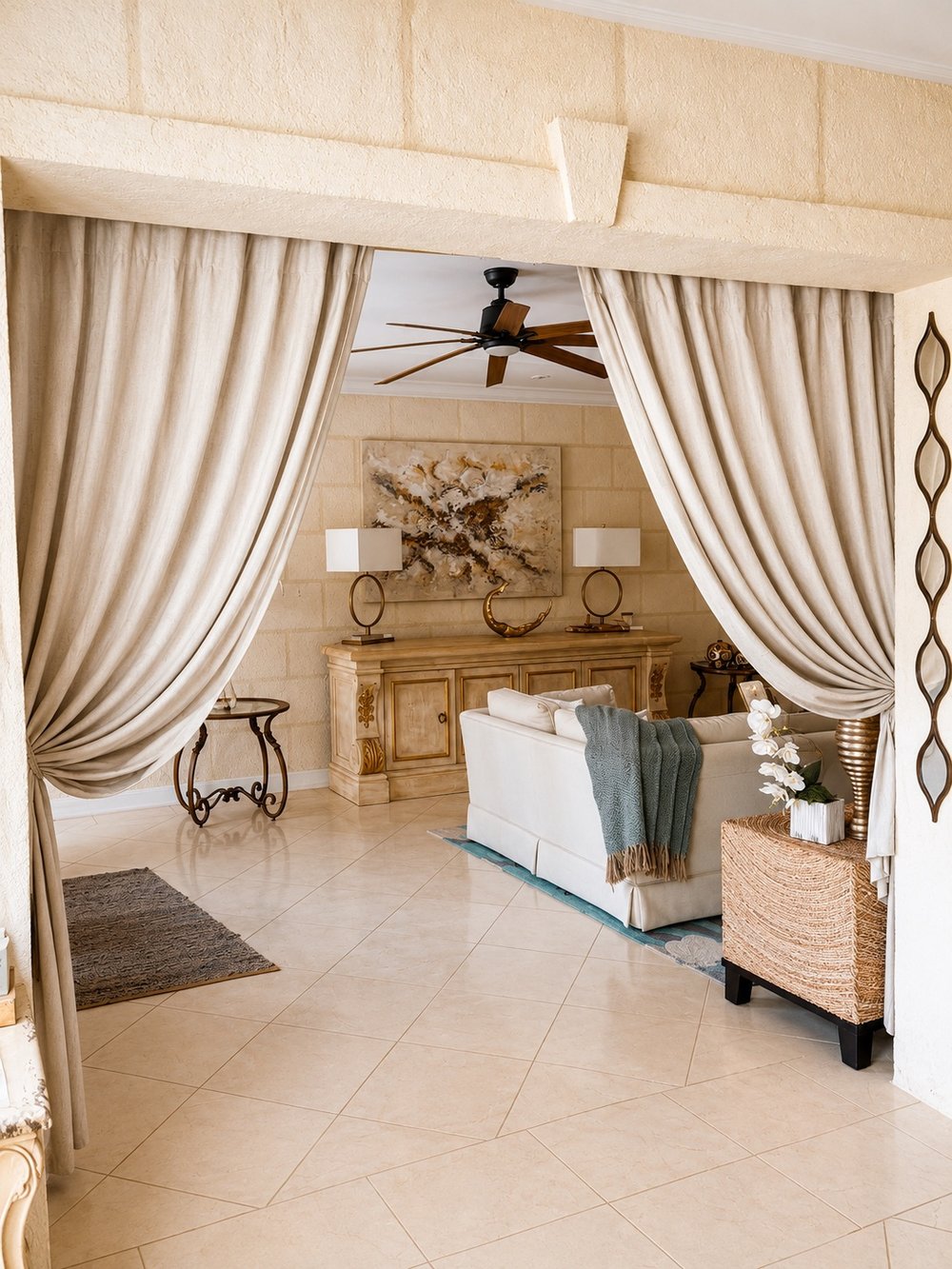 Elegant draped lounge seating area at Hidden Gem