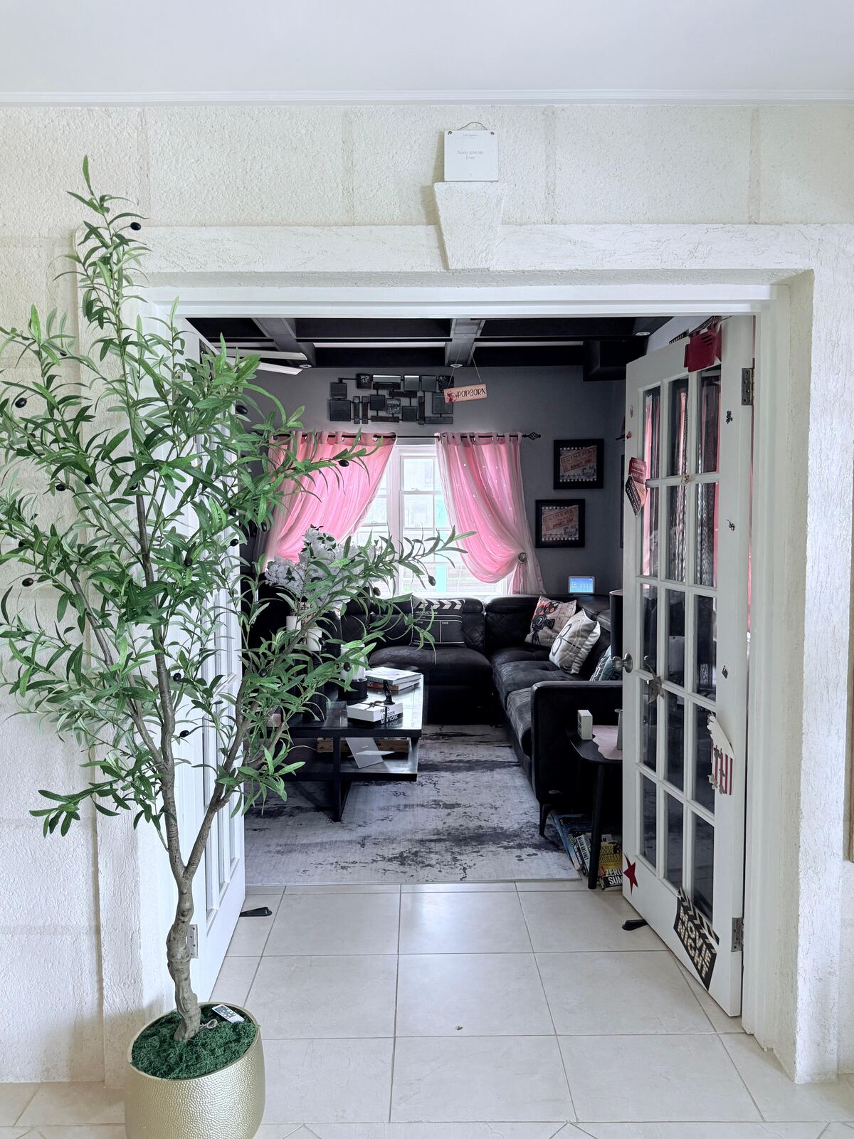 Hidden Gem living room with linen curtains