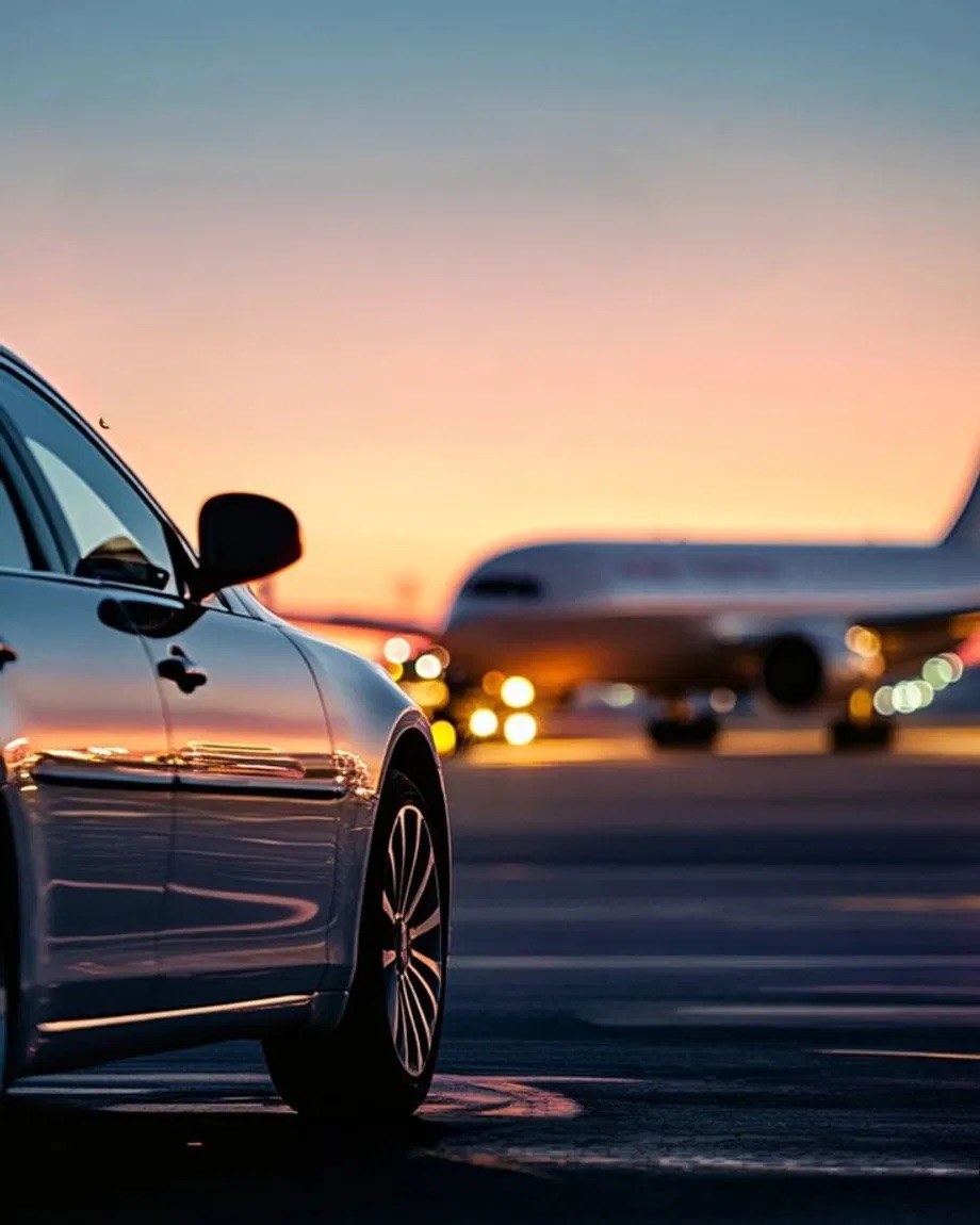 VIP airport transfer with private car and jet at sunset